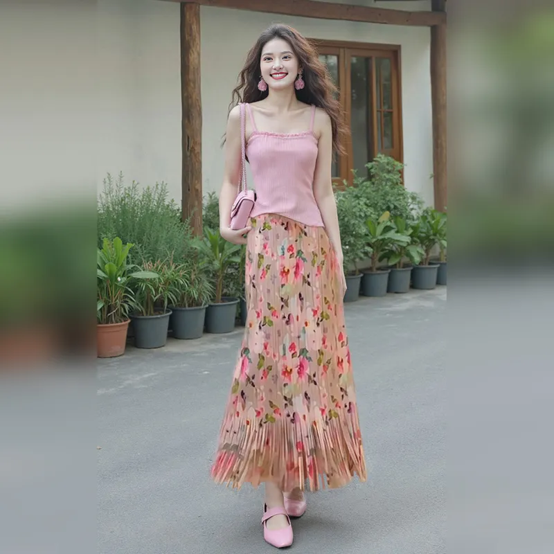 Wbwq Casual Long Skirt Women's Pink Floral-3
