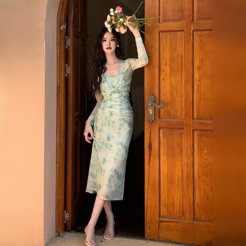 Wbwq Skirt Set Women's Green Floral-3