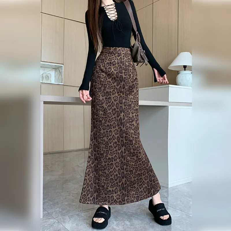 Wbwq Casual Long Skirts Women's Leopard Print-5