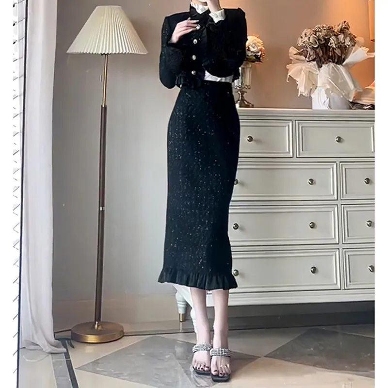 Wbwq Two Piece Skirt Sets Women's Black-1