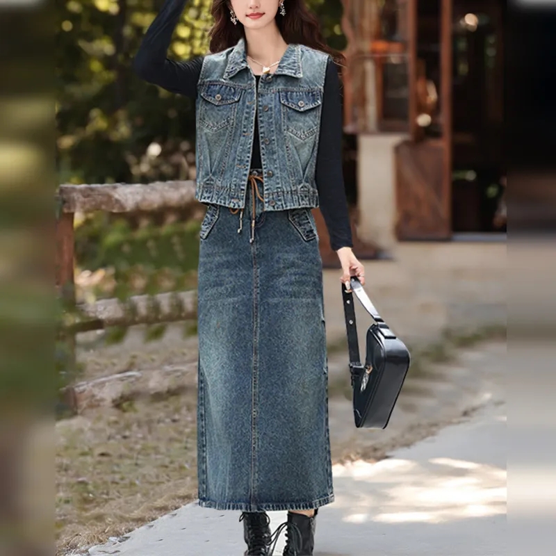 Wbwq Two Piece Skirt Sets Women's Blue Vest+Skirt-6