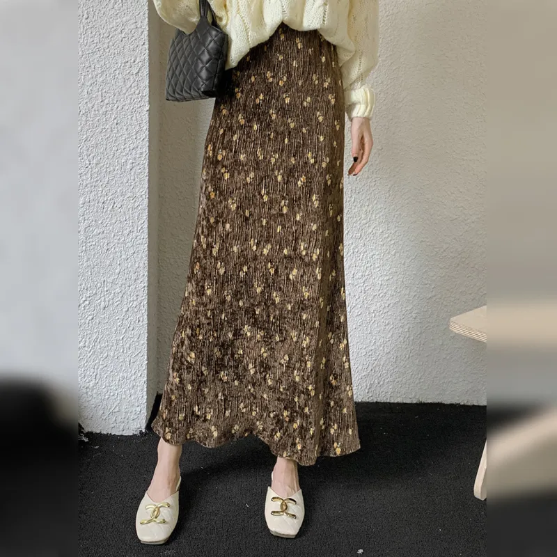 Wbwq Casual Long Skirts Women's Brown Base Floral-2