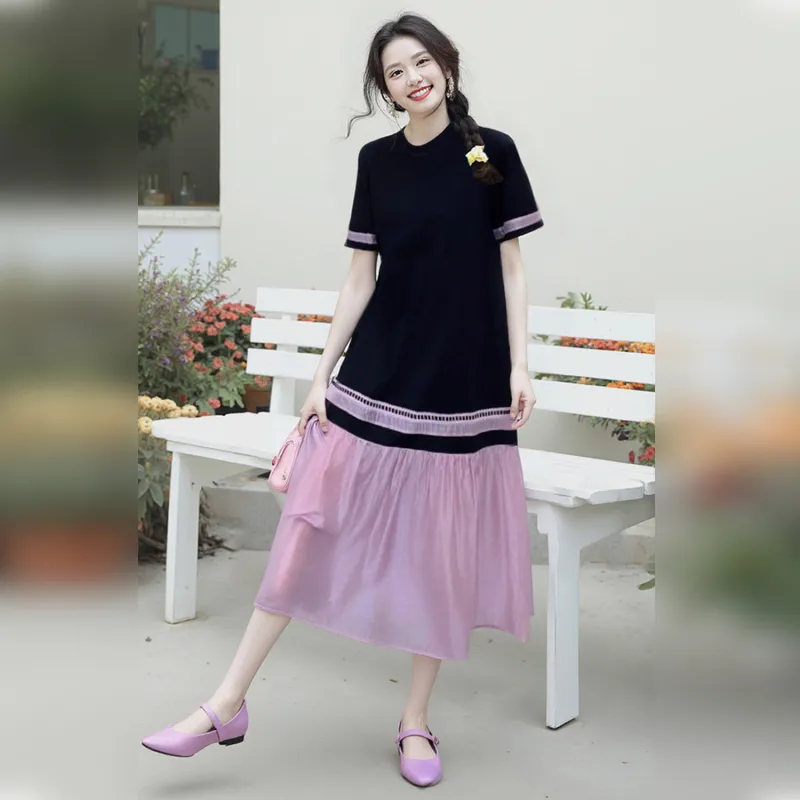 Wbwq Short Sleeved Dress Women's Black & Purple-3
