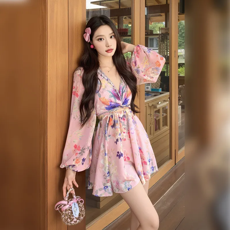 Wbwq Long Sleeved Dress Women's Pink Floral-1