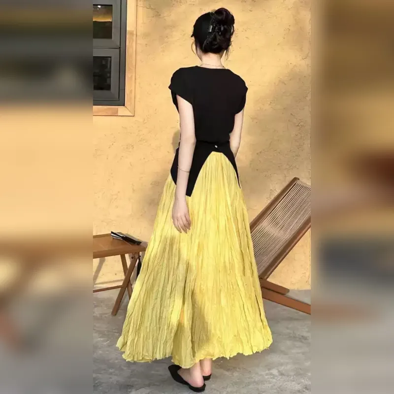 Wbwq Casual Long Skirts Women's Yellow-4