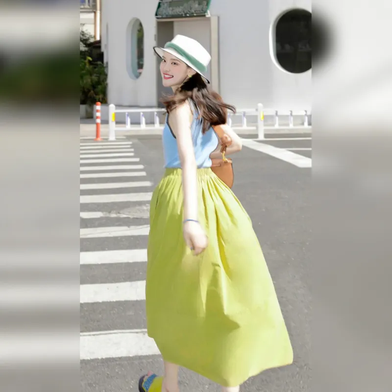 Wbwq Casual Long Skirts Women's Lime Green-4