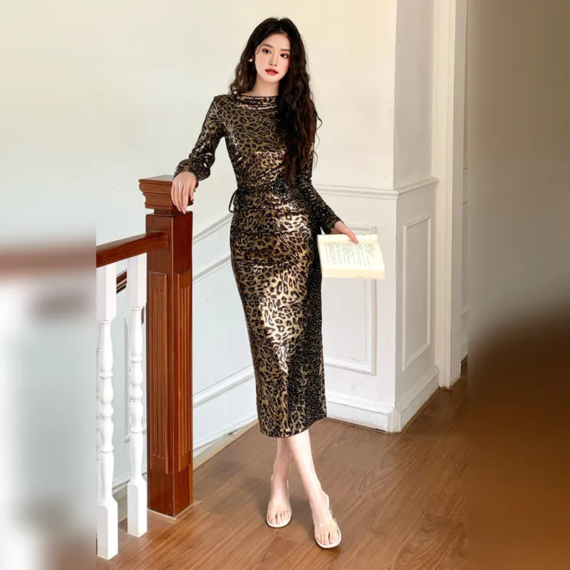 Wbwq Long-Sleeved Dresses Women's Leopard Print-0