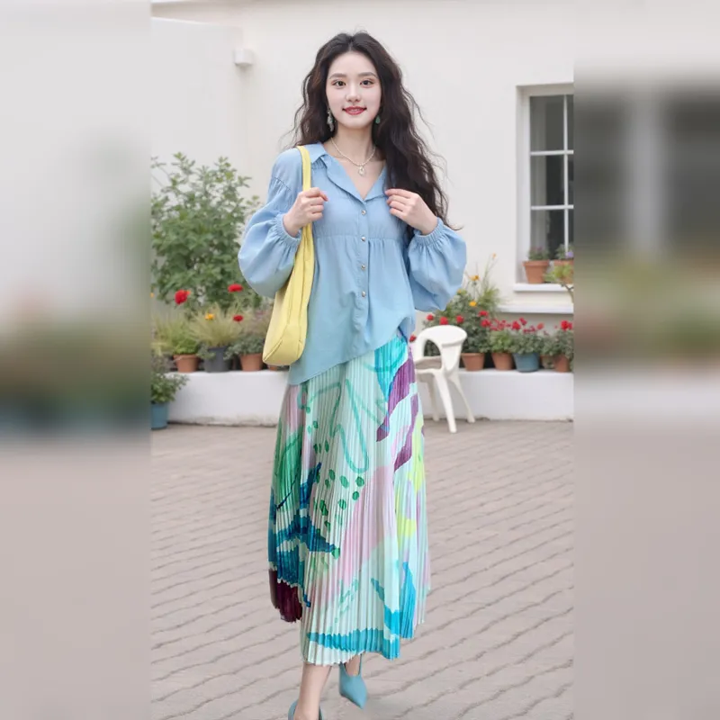 Wbwq Casual Long Skirt Women's Blue Floral-2