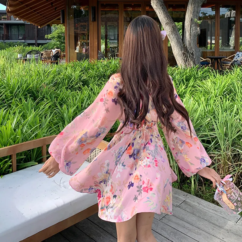 Wbwq Long Sleeved Dress Women's Pink Floral-5