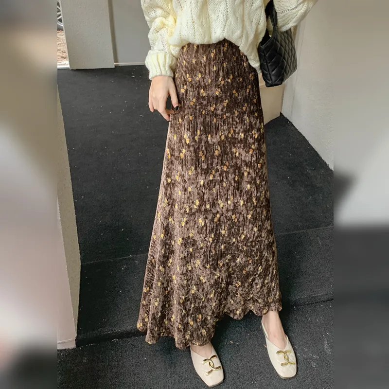 Wbwq Casual Long Skirts Women's Brown Base Floral-4