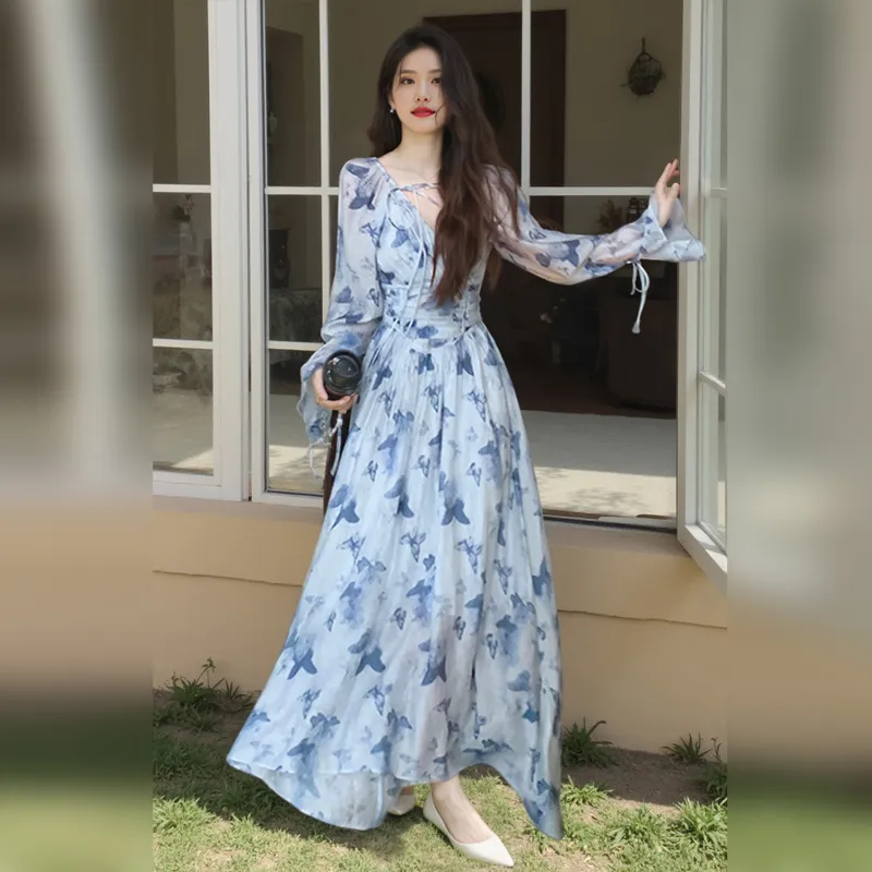 Wbwq Long Sleeved Dress Women's Blue Floral-4