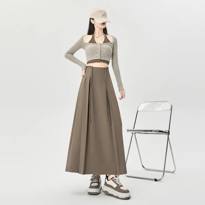 Wbwq Casual Long Skirts Women's Khaki-3