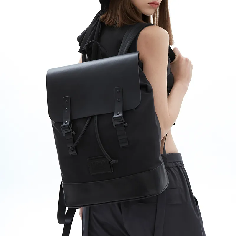 UMM Nylon Fabric Backpack Medium Size Unisex Black-4