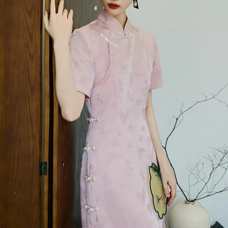 ANNECHEN SS24 Short Sleeved Cheongsam Dress Women's Pink-2