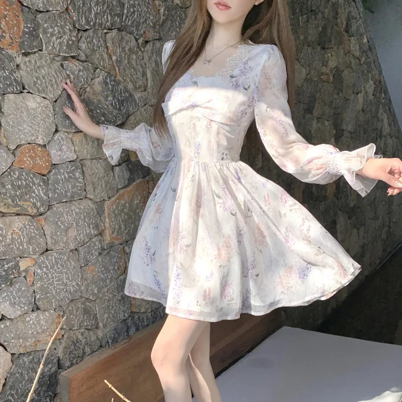 CHIWAWAMEME Long Sleeved Dresses Women's Purple Cherry Pink Floral-2
