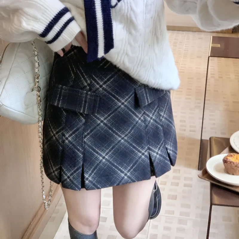 CHIWAWAMEME Casual Short Skirts Women's Navy Blue Plaid-3