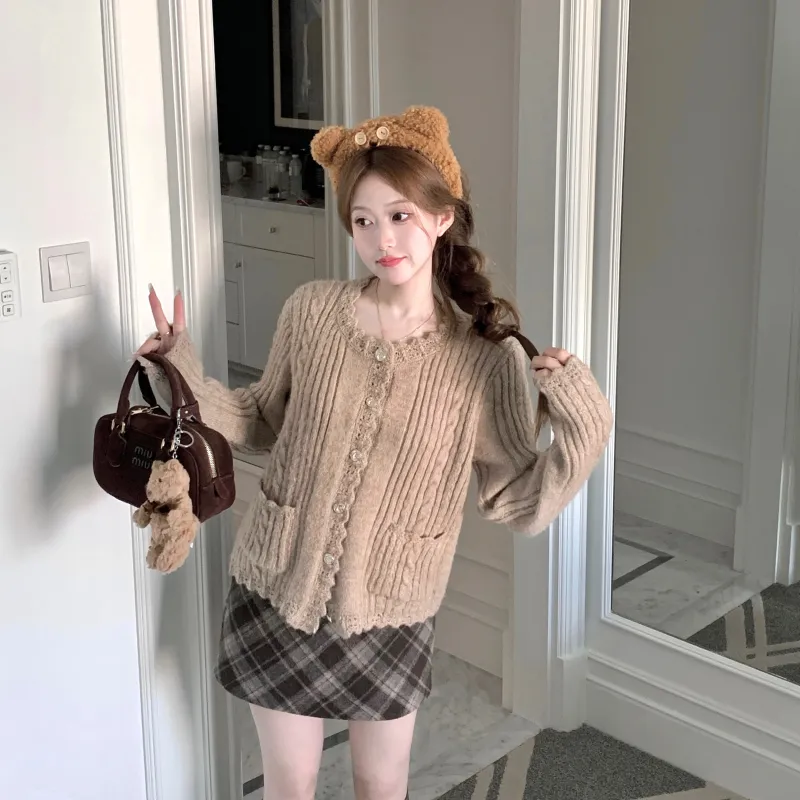 CHIWAWAMEME Casual Short Skirts Women's Hazelnut Coffee Plaid-2