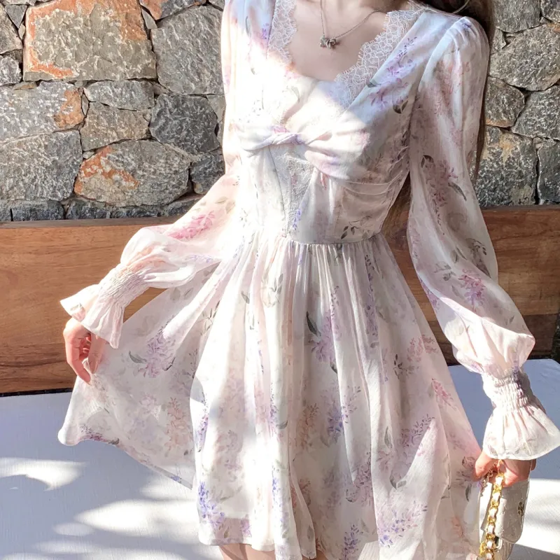 CHIWAWAMEME Long Sleeved Dresses Women's Purple Cherry Pink Floral-3