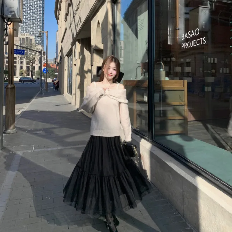 CHIWAWAMEME Casual Long Skirts Women's Black Swan-2