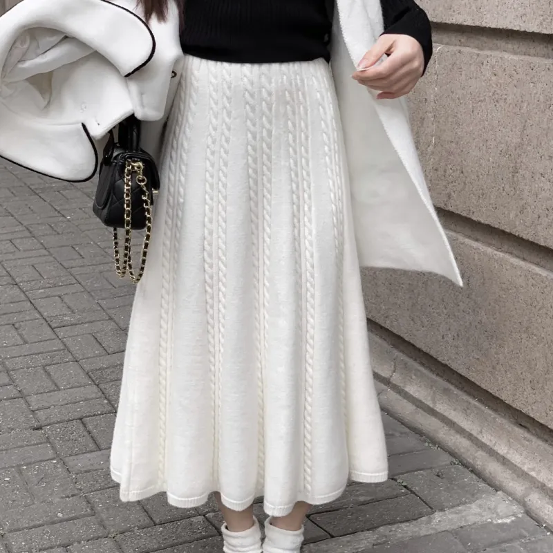 CHIWAWAMEME Knit Long Skirts Women's Gentle White Long Skirt-2