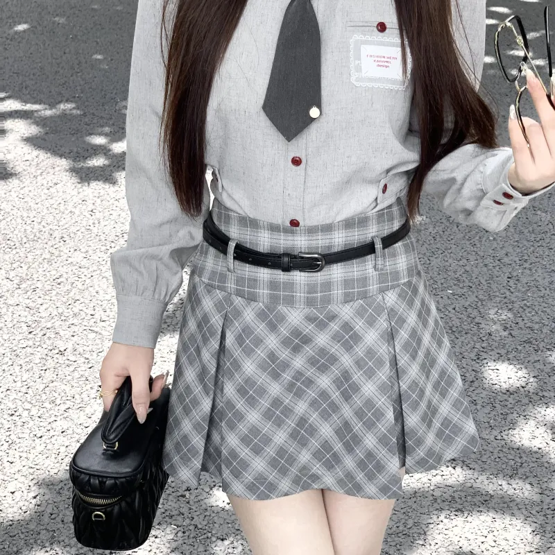 CHIWAWAMEME Casual Short Skirts Women's Gray Plaid-2
