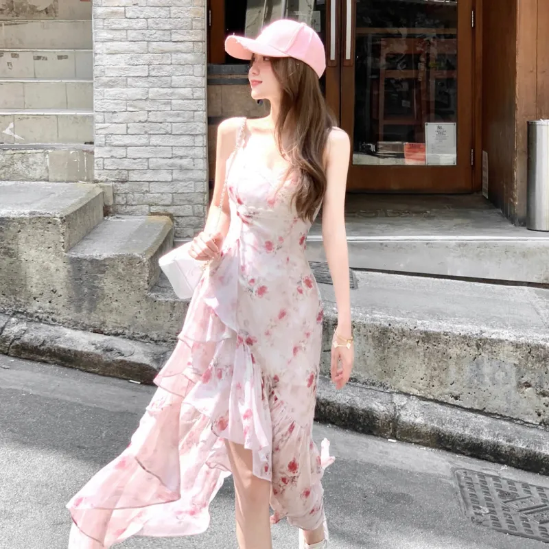 CHIWAWAMEME Slip Dresses Women's Pink Floral Mermaid Long Skirt-2