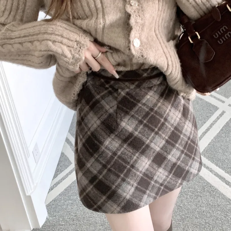 CHIWAWAMEME Casual Short Skirts Women's Hazelnut Coffee Plaid-3