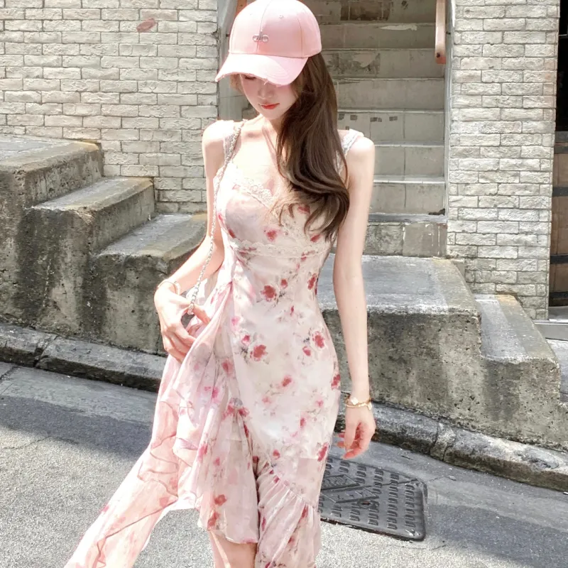 CHIWAWAMEME Slip Dresses Women's Pink Floral Mermaid Long Skirt-3
