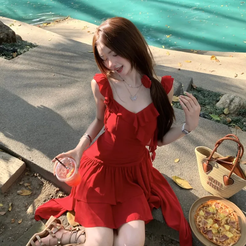 CHIWAWAMEME Slip Dresses Women's Bright Red-3