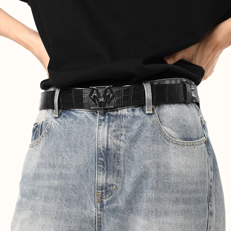 BABAMA Crocodile Pattern, Smooth Buckle Leather Belts Men's 3.5CM-5