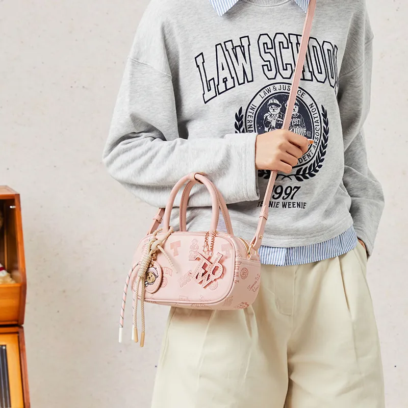Teenie Weenie PU Bowling Bag, Crossbody, One Shoulder, Handbag Women's Cream Yellow/Cherry Blossom Pink-9