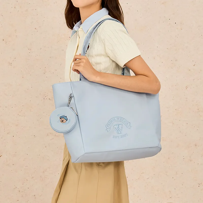 Teenie Weenie Fabric Shoulder Bag Tote Portable Shopping Bag Large Size Women's Sky Blue/Beige Apricot-4