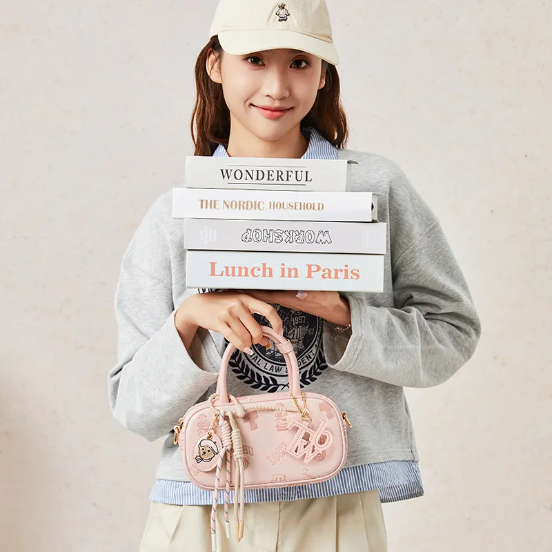 Teenie Weenie PU Bowling Bag, Crossbody, One Shoulder, Handbag Women's Cream Yellow/Cherry Blossom Pink-10