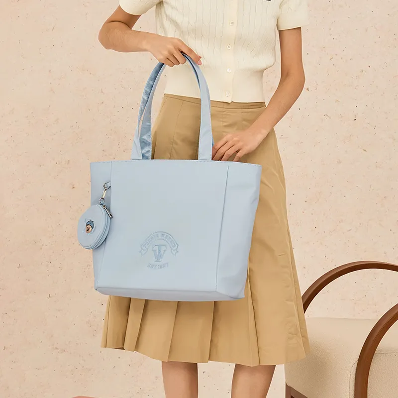 Teenie Weenie Fabric Shoulder Bag Tote Portable Shopping Bag Large Size Women's Sky Blue/Beige Apricot-5