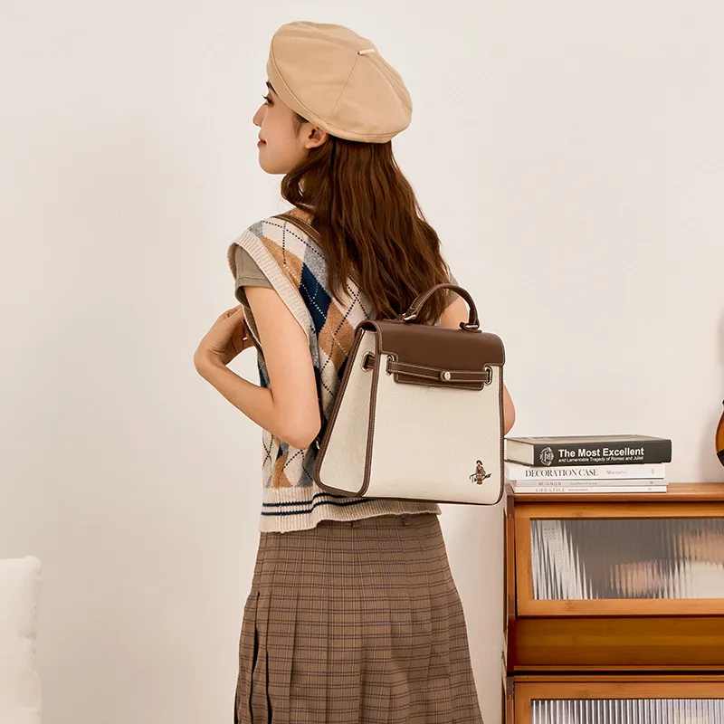 Teenie Weenie Polyurethane Backpack Women's Beige White Brown-4