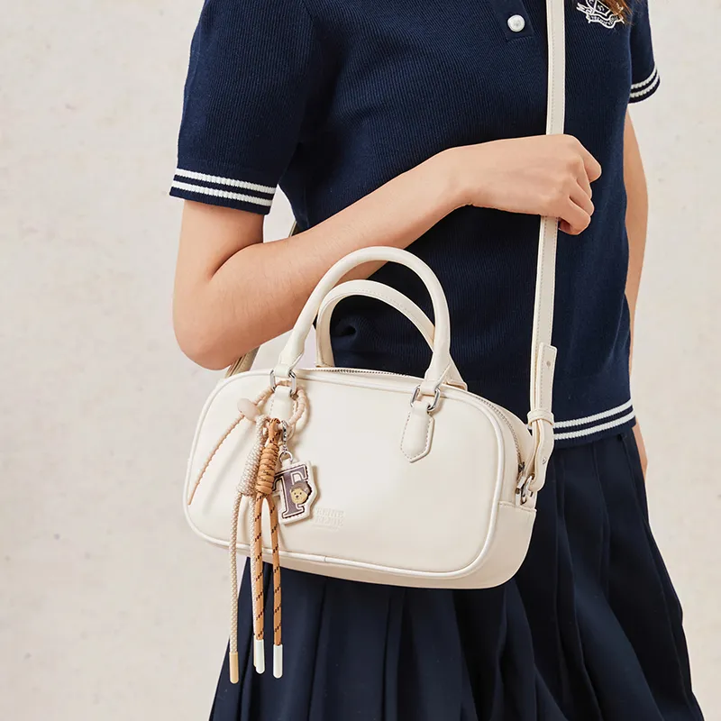 Teenie Weenie PU Bowling Bag, Crossbody, One Shoulder, Handbag Women's Cream Yellow/Cherry Blossom Pink-15
