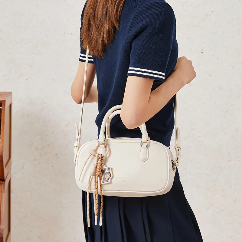 Teenie Weenie PU Bowling Bag, Crossbody, One Shoulder, Handbag Women's Cream Yellow/Cherry Blossom Pink-14