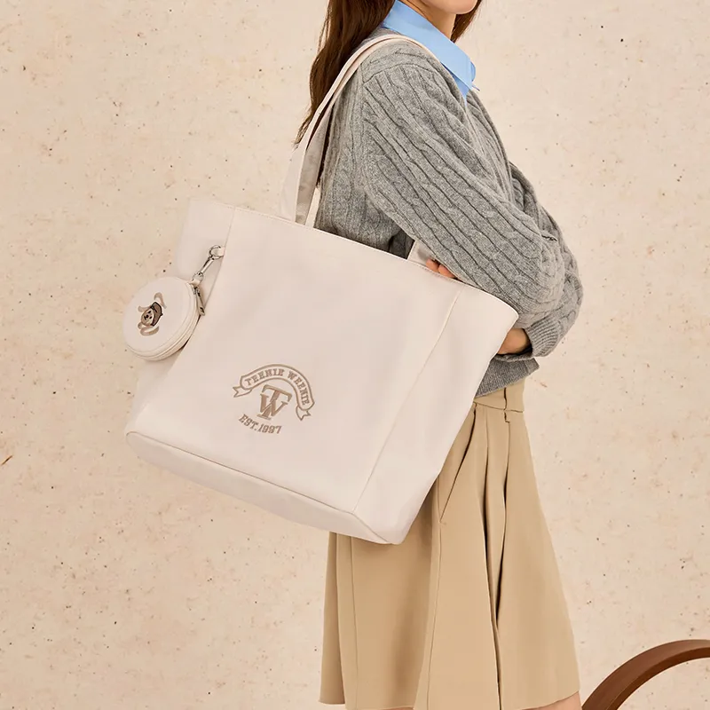 Teenie Weenie Fabric Shoulder Bag Tote Portable Shopping Bag Large Size Women's Sky Blue/Beige Apricot-11