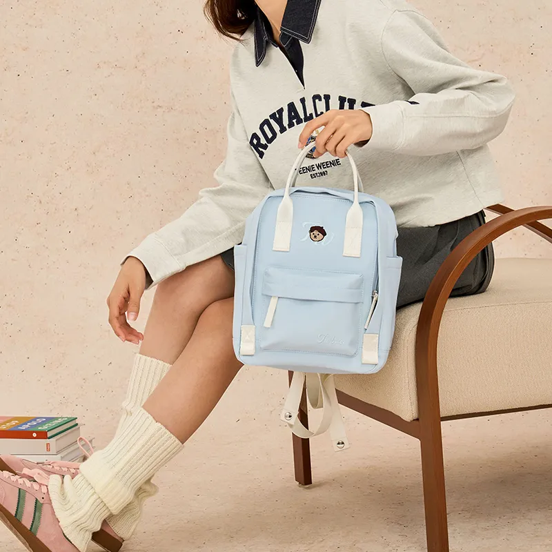 Teenie Weenie Fabric Backpack Unisex Cream Yellow/Sky Blue/Cherry Blossom Pink/Beige Apricot-7