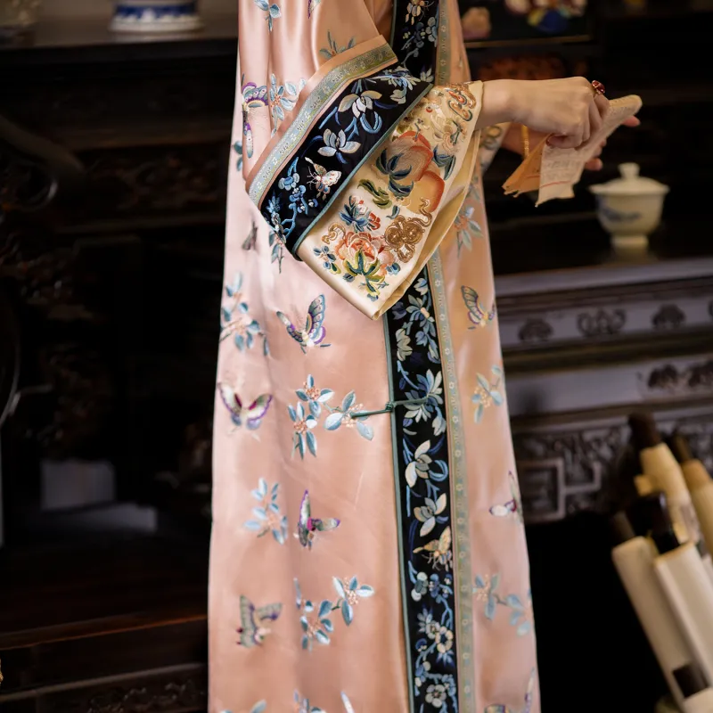 YICHENGFENGXU Long-Sleeved Dresses Women's Pink Butterfly Embroidered Reproduction Style Shirt-4