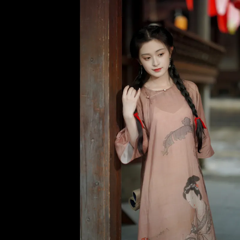 YICHENGFENGXU Cheongsam Women's Lady Figure Print Loose Sleeves Collarless-3