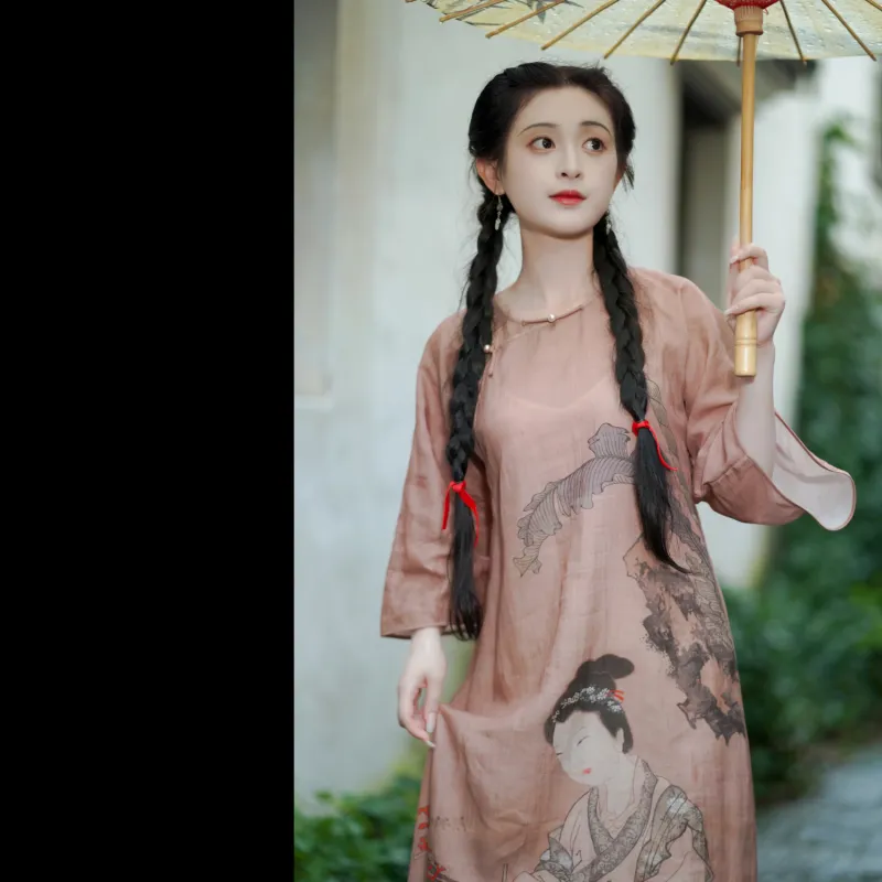 YICHENGFENGXU Cheongsam Women's Lady Figure Print Loose Sleeves Collarless-2