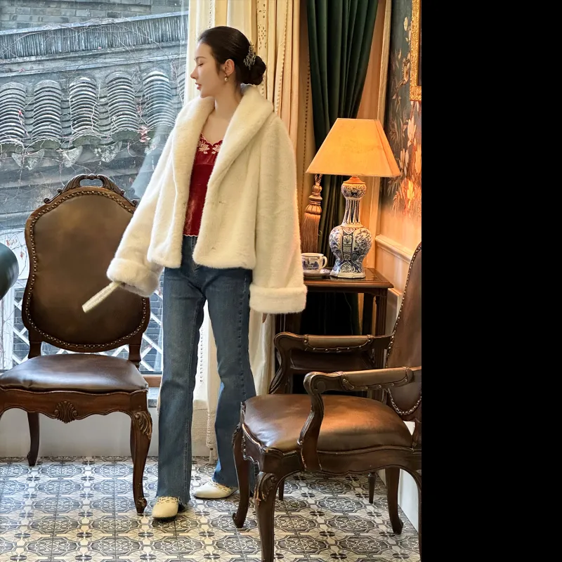 YICHENGFENGXU Velvet feel Coat Women's Ecru Faux Fur Top-2
