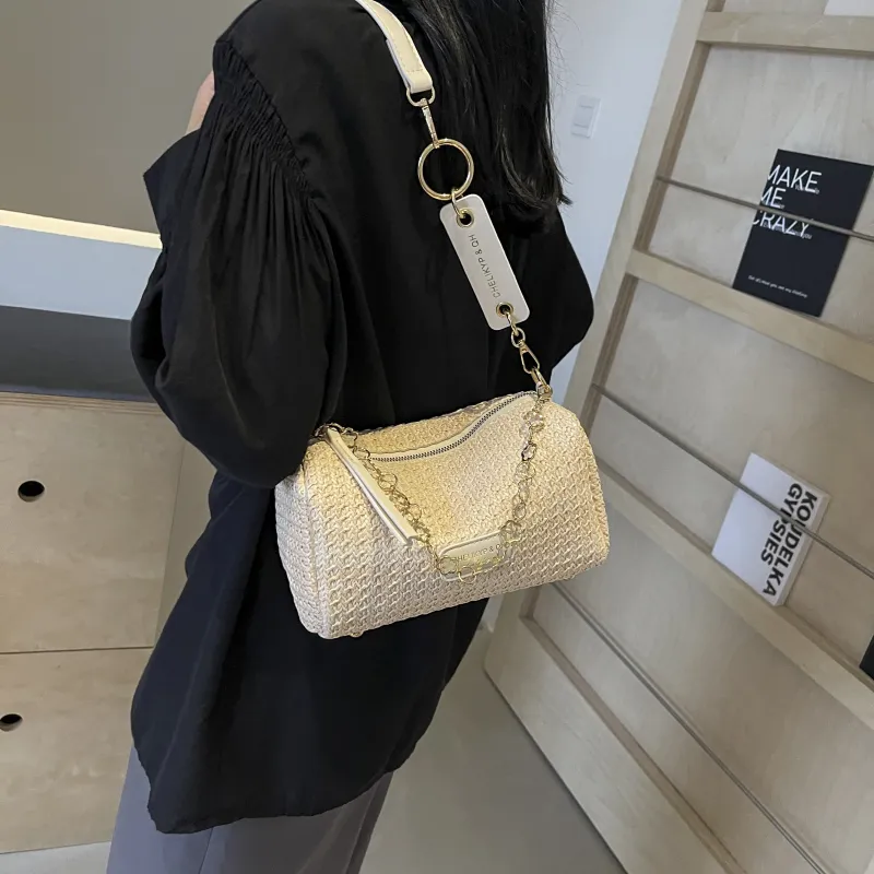RIVMIND Straw Woven Shoulder Bag Regular Women's Multicolor Brown/Multicolor White/Ecru/Khaki-15
