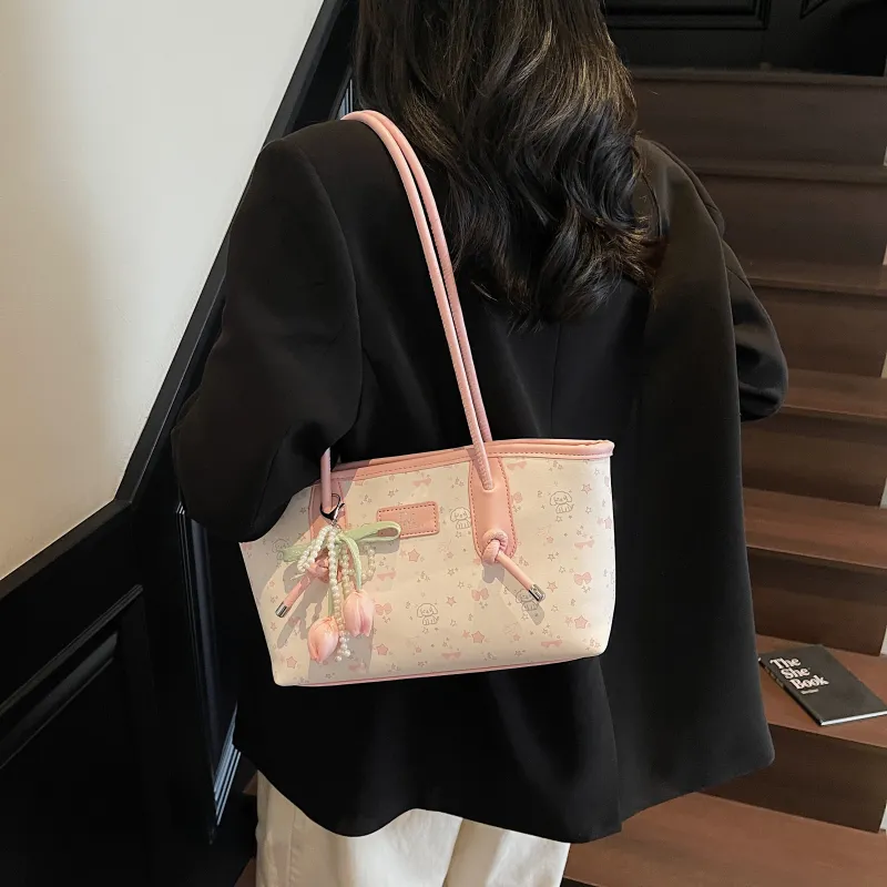 RIVMIND PU Tote Bag, Shopping Bag, Shoulder Bag Women's Pink/Yellow-4