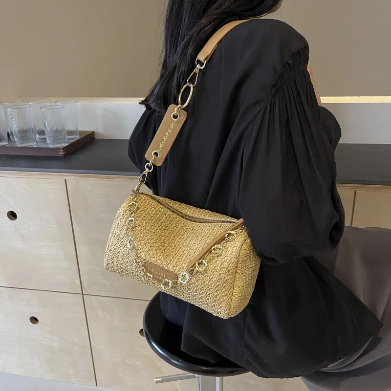 RIVMIND Straw Woven Shoulder Bag Regular Women's Multicolor Brown/Multicolor White/Ecru/Khaki-19
