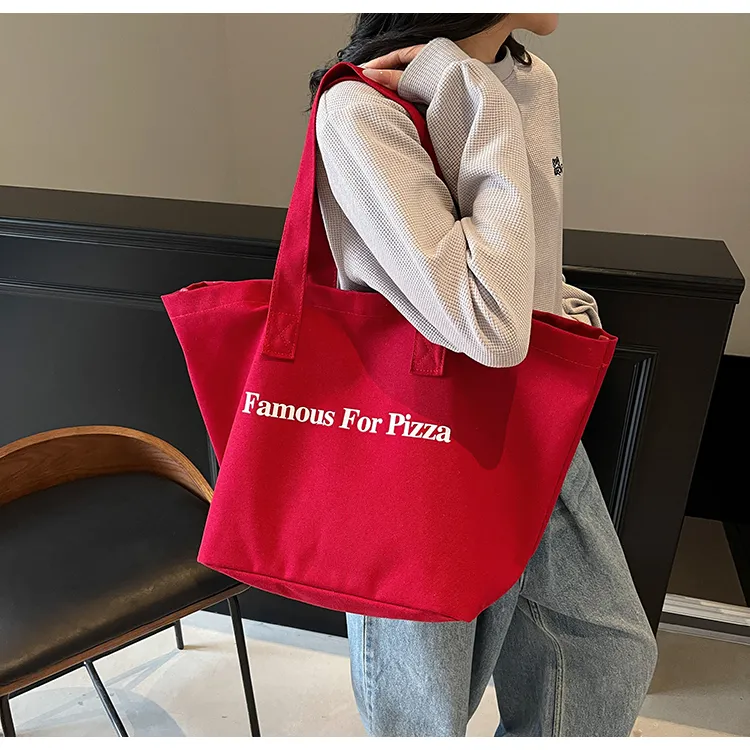 RIVMIND Canvas Tote Handbag, Shoulder Bag Women's Ecru/Red-3