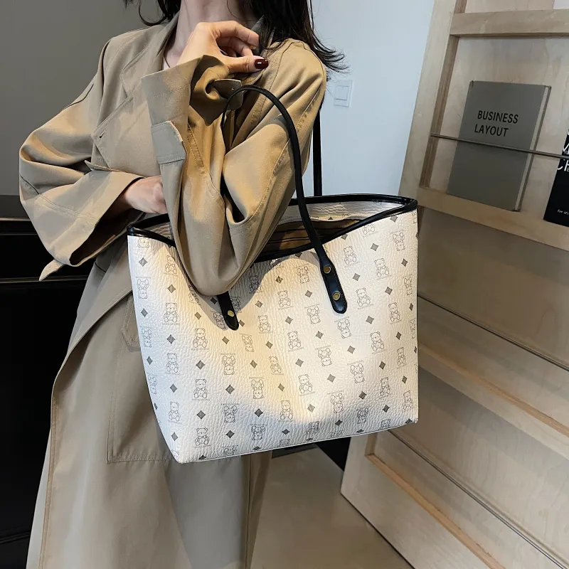 RIVMIND PU Tote Bag, Shopping Bag, Shoulder Bag Women's White/Black/Pink/Brown/Black & White-5