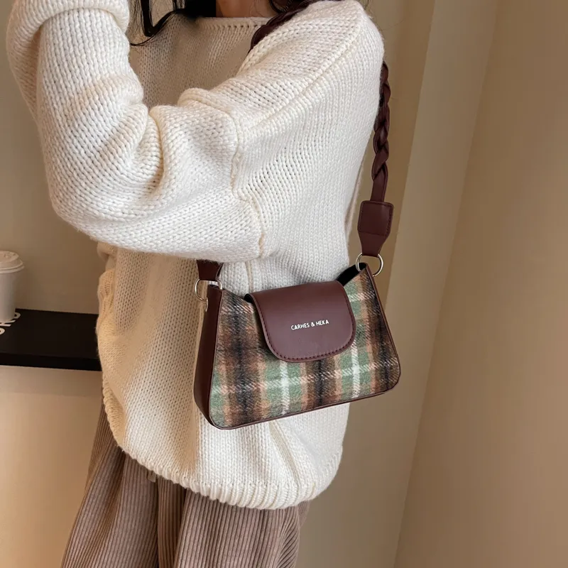 RIVMIND Woolen Underarm Shoulder Bag Women's Red/Green/Coffee-10