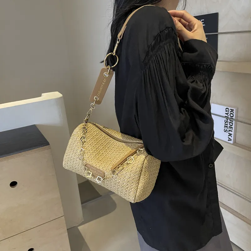 RIVMIND Straw Woven Shoulder Bag Regular Women's Multicolor Brown/Multicolor White/Ecru/Khaki-21